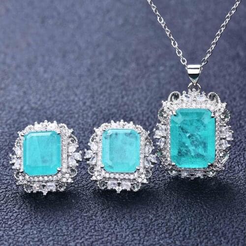 Square 4ct Paraiba Tourmaline Jewelry set 925 Sterling Silver Promise Party Wedding Earrings Necklace For Women Bridal Jewelry