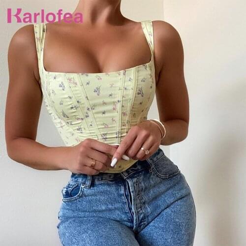 Karlofea Cute Floral Print Corset Crop Tops Fashion Girls Street Wear Chic Slim Bustier Sleeveless Vest Summer Outfits Tank Tops
