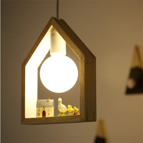 Nordic Wooden Art House Pendant Lamps E27 Childrens Room Bedroom Bedside Hanging Light Fixture Study Home Decor Accessories