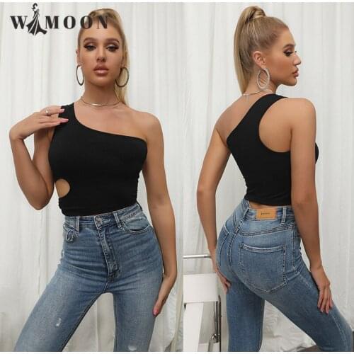 2021 Summer New Sexy Solid Color One-shoulder Hollow Casual Vest Women Wear Short Tops Crop Top Women Tank Top Y2k Tops
