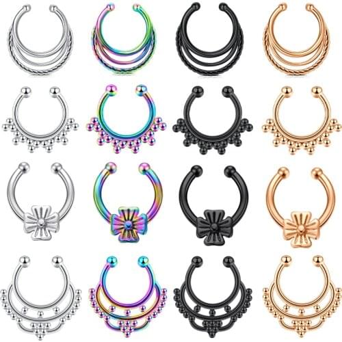 Fake Septum Nose Hoop Rings 16G Stainless Steel Faux Lip Ear Nose Septum Non Piercing Clip On Hoop Rings Body Piercing