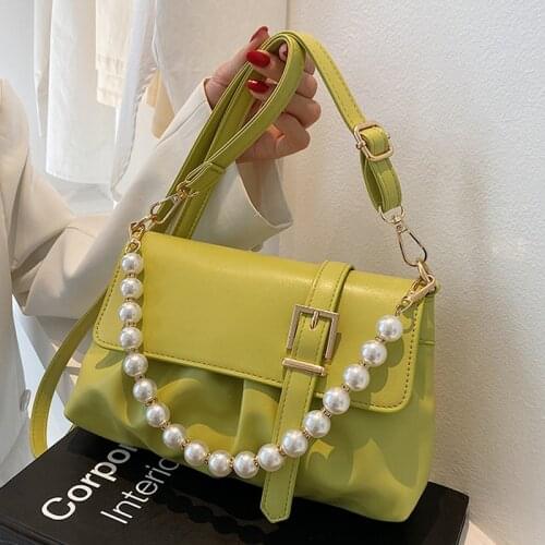 Popular Beading Green Crossbody Bags for Women 2021 Summer Fashion PU Leather Luxury Shoulder Handbags and Purses