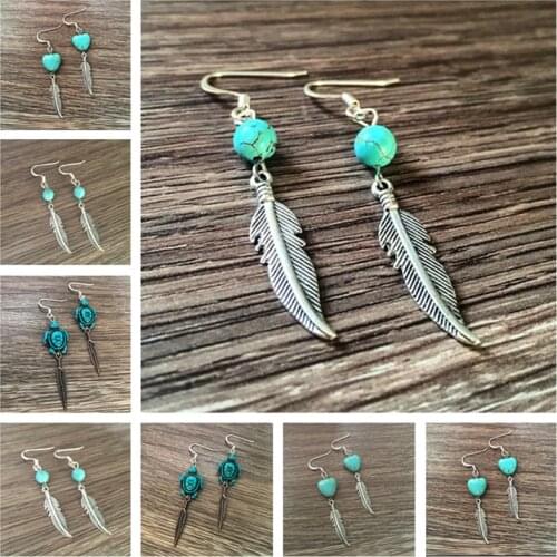 Feather Earrings Silver color Feather Green Natural stone Earrings Feather Earrings Western Southwestern Earrings Tribal Earring