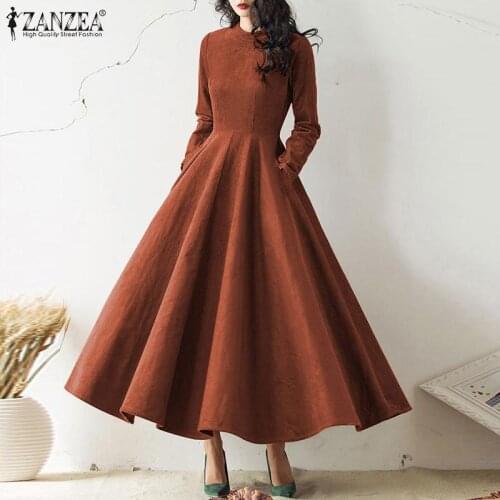 ZANZEA Vintage Corduroy Maxi Dress Womens French Elegant Long Vestidos Fashion Party Solid Kaftan Autumn Holiday Swing Dresses