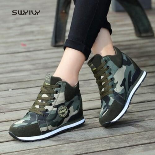 SWYIVY Women Walking Shoes Canvas Platform Lady Sneakers 2018 Autumn and winter Large Size42 Camo Height Increasing Walking Shoe