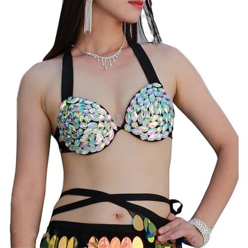 Women Belly Dance Clothing Costume Top Rhinestone Bra B/C Cup mermaid suit tops Push Up