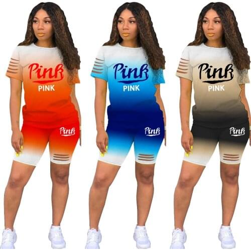 Women Pink Set Outfits 2 Piece Tracksuit Summer 2021 Runway Letter Print Sweatsuits Casual Sport Bodycon Two Piece Biker Set