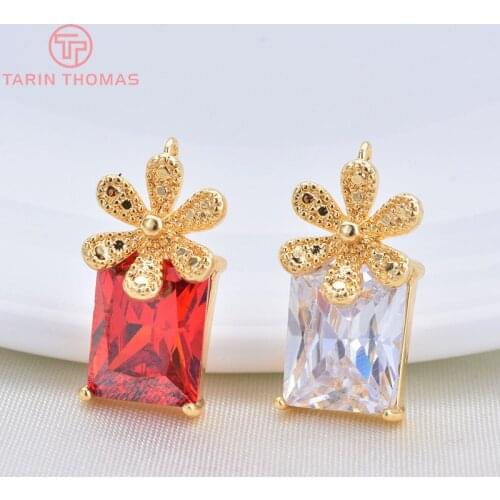 191) 6PCS 16x8MM 24K Gold Color Brass with Red Zircon Flower Pendants Charms High Quality Diy Jewelry Findings Accessories