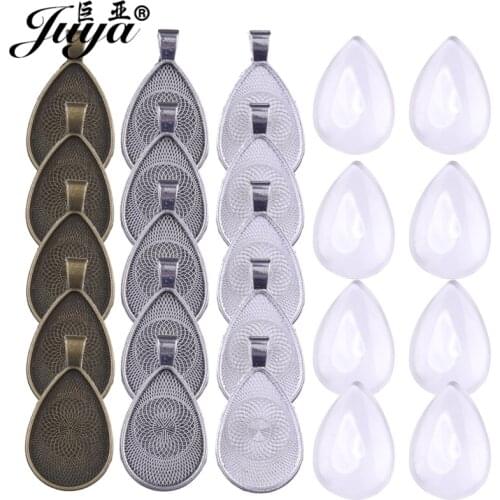60Pcs/Set Drop Pendant Base Settings With Cabochon Cameo Glass 20x30mm Alloy Tray For DIY Jewelry Making Necklace Accessories