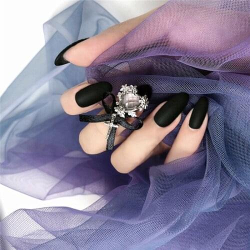American punk style Dark style black pure color with sliver butterfly bow 3d decorated fake nails Bride lady full nail tips