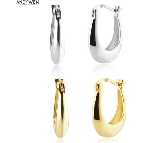 ANDYWEN 925 Sterling Silver Gold Piercing Ovals Hoops Circle Huggies Plain Women Clips Women Rock Punk Fine Jewelry Gift
