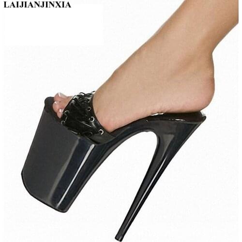 LAIJIANJINXIA New Luxury Party Sandals 23cm Ultra High Heels shoes 9 Inch Lady Fashion Sexy Black Platform Women Slippers