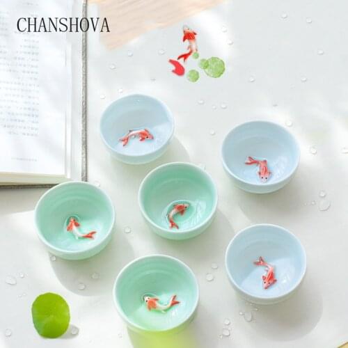 CHANSHOVA Chinese Style Hand carved Celadon fish six tea cups 45ml Cyan porcelain teacup China ceramic Tea set
