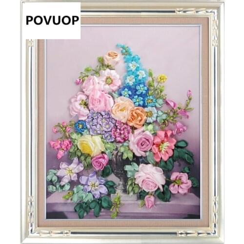 POVUOP New arrival ribbon embroidery 60X50cm fashion flower 3d print cross stitch paintings