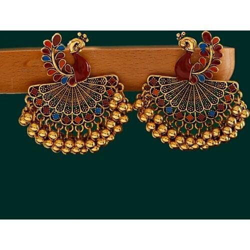 Gypsy Afghani Beads Tassel Indian Jhumka Earrings For Women Bohemian Retro Gold Colorful Tassel Peacock Shape Jewelry Earrings