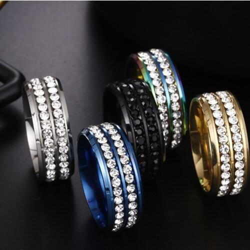 FDLK Classic Mens 8mm Stainless Steel Ring Double Row Zircon Engagement Wedding Band Jewelry Wholesale
