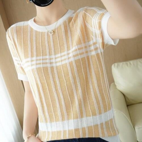 T-shirt womens 2021 summer new style 100% wool sweater short-sleeved casual round neck knitted pullover womens top tees hot