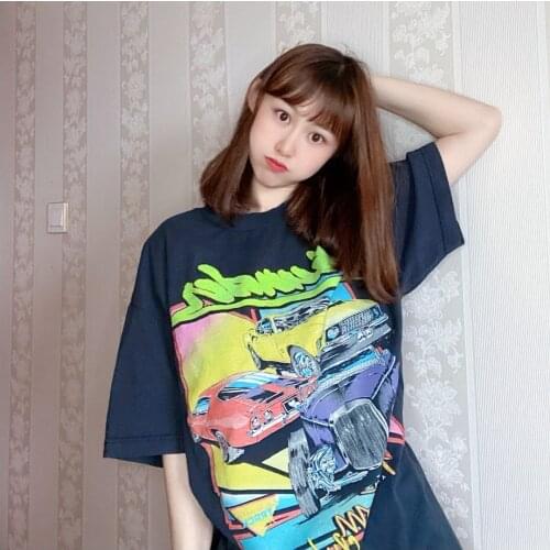 Oversize Girls Soft Cotton O Neck T-shirt 2021 Fashion Ladies Office Loose Women Distressed Pattern Printing Black T-shirt