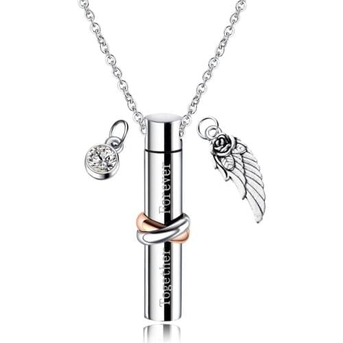 Engraving Memorial Jewelry "In Loving Memory & Together Forever" Cylinder Cremation Urn Stainless Steel Necklace Ashes Container
