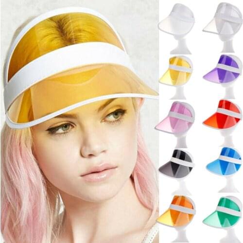 Summer Women Unisex Sun Hat Candy Color Empty Top Transparent Plastic PVC Sunshade Hat Female Wide Brim Visor Caps