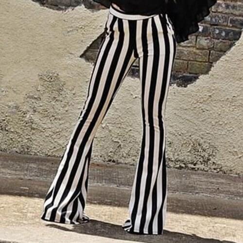 Slim Fit Mid Waist Stripes Pants Women Fashion Long Pants Striped Flared Pant Casual Pocket Trousers Femme