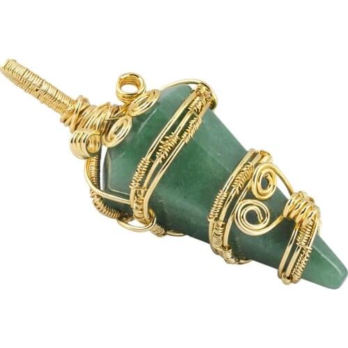 SUNYIK Handmade Wire Wrapped Cone Crystal Pendant Necklace for Women Men,Metal Spiral Stone Pendulum for Reiki Divination