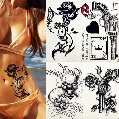 REJASKI Wolf Rose Gun Flower Rattan Love Temporary Tattoo Sticker Poker Peony Black Tatoo Body Art Waist Fake Tattoos Sexy