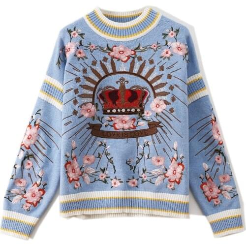 Luxury Brand Design Elegant Sweater Women Runway Sweaters Crown Embroidery Pattern Loose Warm Printed Knitted Pullovers Tops