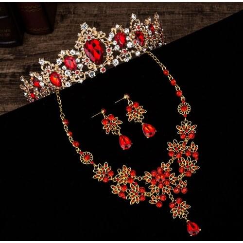 Luxury Baroque Bridal Wedding Jewelry Sets Big Rhinestone Red Crystal Crown Tiaras Necklace Earrings Set Party Hair Accessories