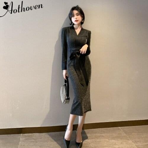 Vintage Elegant Pencil Bright Silk Knitting Dress Long Sleeve V Nick Party Evening Dress Autumn High-end Women Dress Vestidos