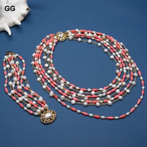 GuaiGuai Jewelry Natural Cultured White Baroque Freshwater Pearl Pink Coral Statement Bracelet Necklace Sets Cute For Women