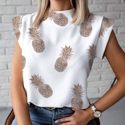 Women Pineapple Print T Shirt Short Sleeve Blouse Shirt 2020 Summer Ladies Stand Neck Shirt Casual Fashion T Shirt Female XXL