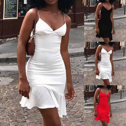 2021 Women Sexy Summer Dresses Spaghetti Straps Ruffles Solid Color V Neck Dress Vestidos