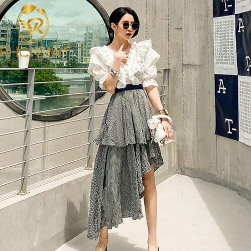 High quality 2020 Summer Sexy 2 Piece Set Women V neck Lace Puff Sleeve Ruffles Shirt + Vintage Plaid Irregular Skirts Suit