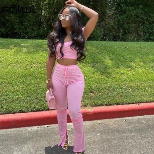 FQLWL 2 Two Piece Set Women Summer Pink Outfits Off Shoulder Crop Top Stacked Pants Leggings Women Matching Set Ladies Tracksuit