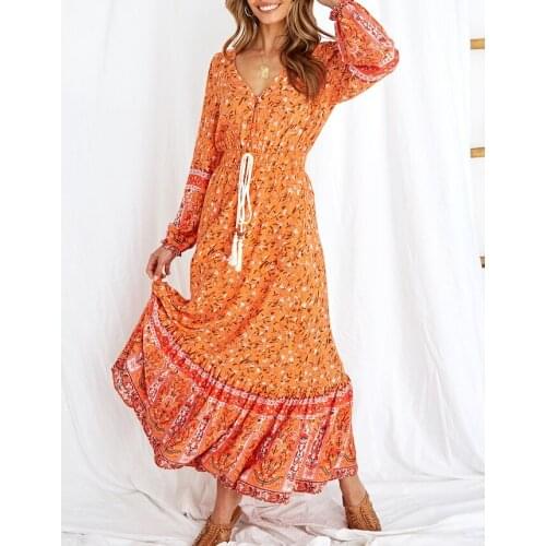 Happie Queens women orange floral print elestic waist beach Bohemian Maxi dress Ladies rayon cotton ethnic Boho dress vestidos