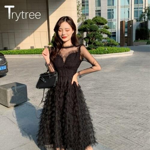 Trytree 2020 Spring Summer Woman Casual Stand Collar Patchwork Mesh Lace Sexy Fashion Temperament Solid A-line Mid-Calf Dress