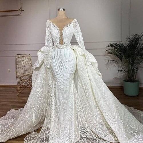 Gorgeous Lace Applique Beaded Wedding Dresses Detachable Train Deep V-Neck 2020 White Wedding Party Dress vestidos de novia