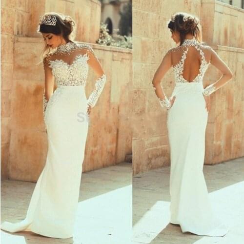 2018 Elegant High Neck Lace appliques Long Sleeve Mermaid Party Gown robe de soiree vestido de festa longo bridesmaid dresses