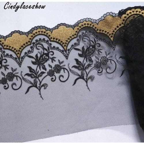 1Meter 19cm Width Gold Flower Embroidered Lace Trims Black Mesh Costume Decorative Lace Applique Trimmings Lace Fabric DIY Craft