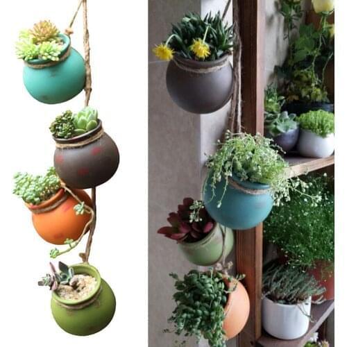 4pcs Hemp Rope Wall-mounted Ceramic Flower Pot Hanging Succulent Flower Pot Cactus Bonsai Planters Container Garden Decoration