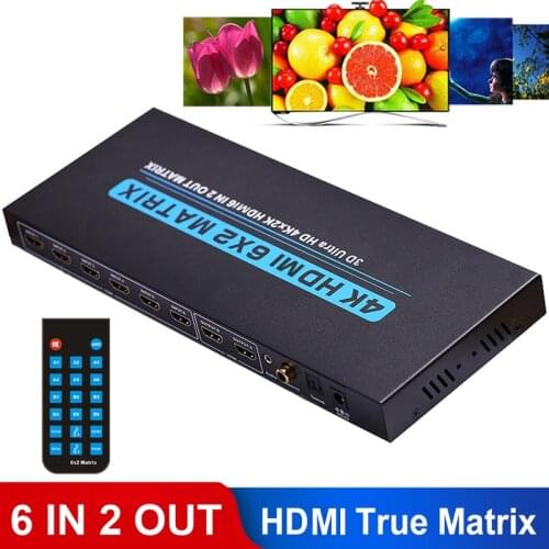 4K 6x2 Matrix Multi To 2 HDMI-compatible Switch Splitter HD Video Converter 3D Coaxial Toslink Audio Extractor PC To TV Monitor