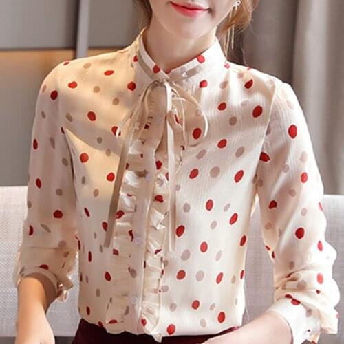 Blusas Mujer De Moda 2021 Blouse Women Long Sleeve Women Blouses Shirts Print Dot Chiffon Blouse Shirt Women Tops Blusa D446