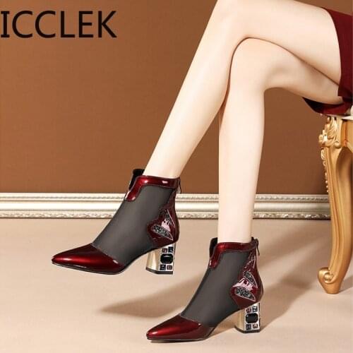 Sexy Sandals Boots Women Crystal Heels Ankle Boot Patent Leather Mesh Thick Heel Pointed Toe Shoes for Woman Zip Big Size