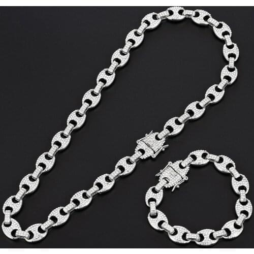 12MM Cuban Chain HIP HOP Coffee Bean Iced Out Alloy Bean Pig Nose Rhinestone Necklace Chain Bling Necklaces For Men Jewelry A