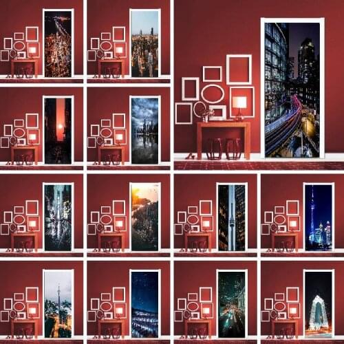 Decorative Home Modern City Night View Door Stickers Waterproof And Moisture-proof Stickers Renovation Self-adhesive Bedroom PVC
