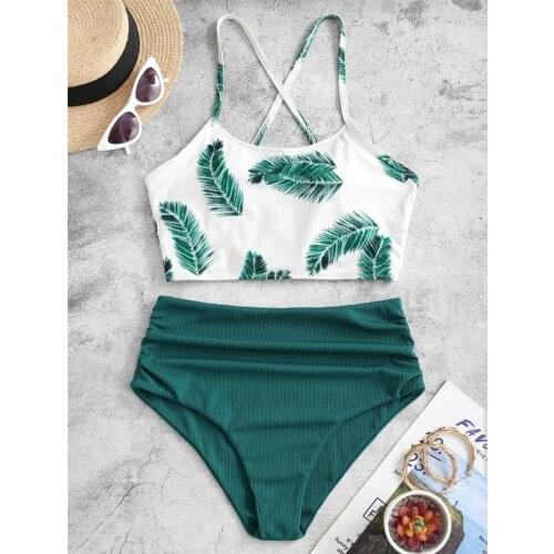 Women Two Piece Leaves Print Split Sets Plus Size Beachwear Swimsuit Bikini