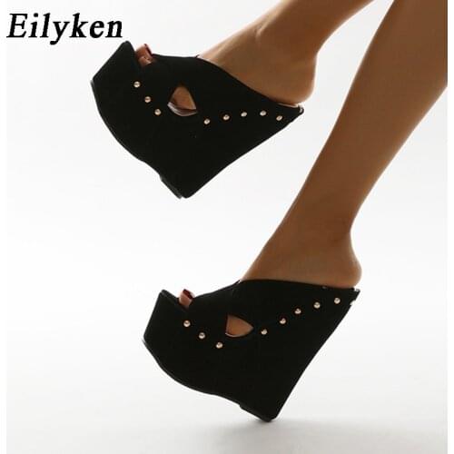 Eilyken 2021 New Rivet Peep Toe Platform Wedge Slippers Black Summer Shoes Woman Sexy Super High Sandal Slippers Black 35-42