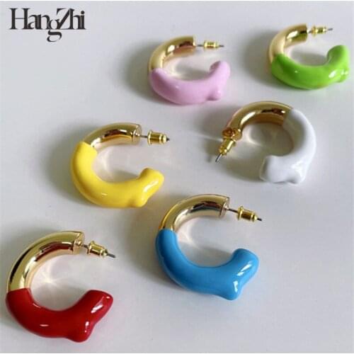 HANGZHI 2021 New Punk Metallic Colorful Dripping Oil Enamel C-Shaped Contrast Color Stud Earrings for Women Girls Party Jewelry