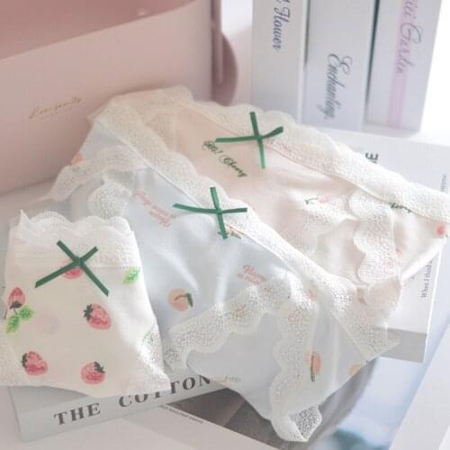 Summer Sweet Fruit Print Womens Underwear Coast Lace Edge Cotton Crotch Girl Panties Middle Waist Breathable Briefs Seamless